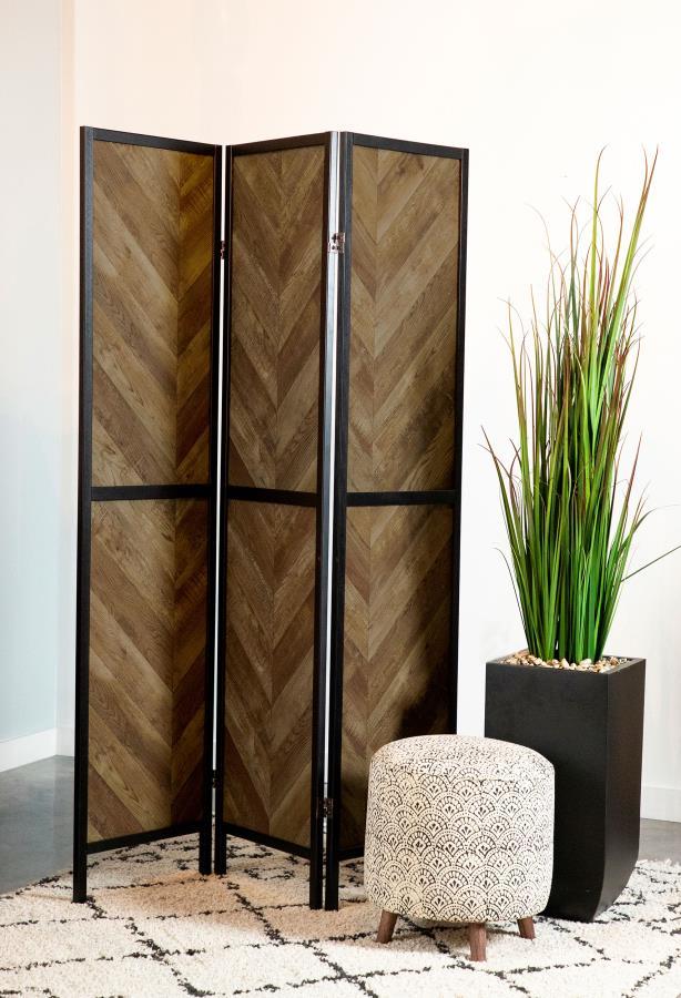 Marlene - Herringbone Pattern 3-Panel Screen - Rustic Tobacco And Black