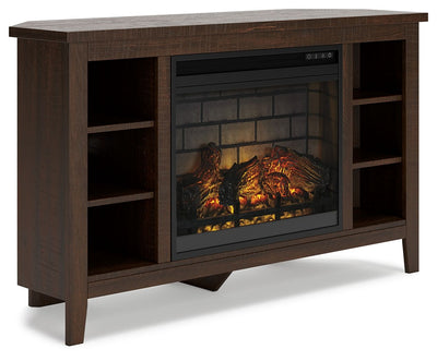 Camiburg - Warm Brown - Corner TV Stand With Faux Firebrick Fireplace Insert