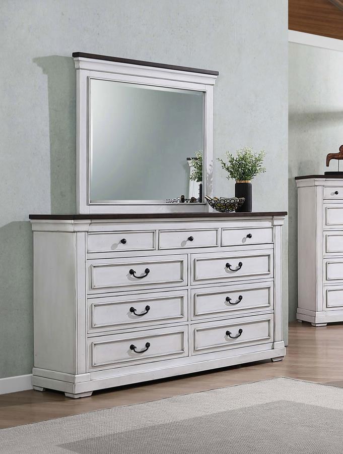 Hillcrest - 9-Drawer Dresser With Mirror - Dark Rum And White