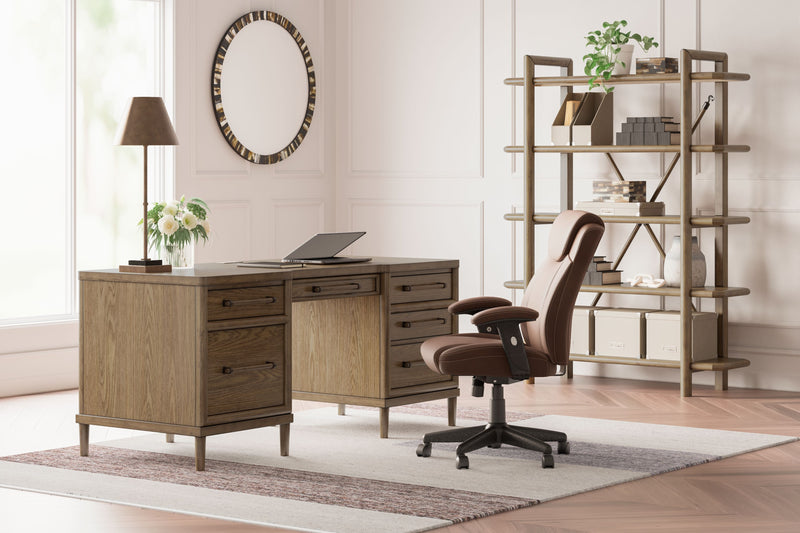 Roanhowe - Brown - 3 Pc. - Home Office Desk, Bookcase, Swivel Desk Chair