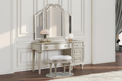 Evangeline - 4-Drawer Vanity Set With Stool - Silver Oak