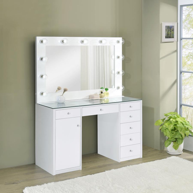 Acena - 7-Drawer Glass Top Vanity Desk With Lighting - White