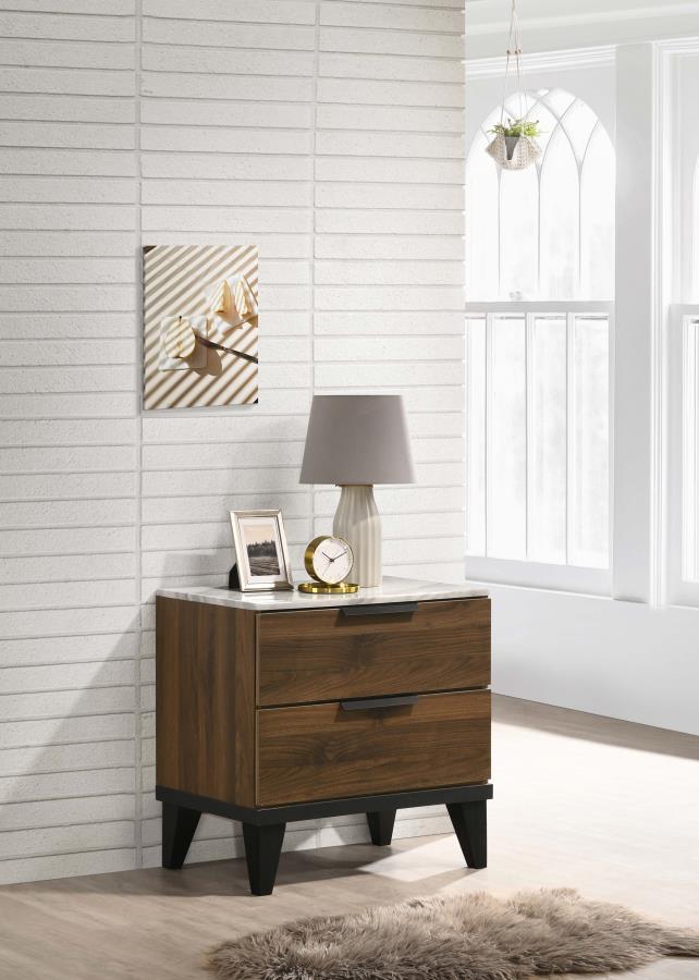 Mays - 2-Drawer Nightstand With Faux Marble Top - Walnut Brown